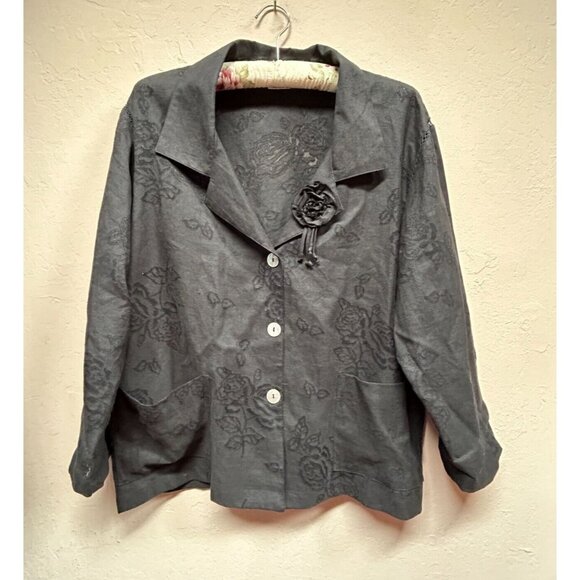 Vintage Nino Wong California Linen Jacquard Floral Blouse Top Blazer Small Black - Picture 1 of 6